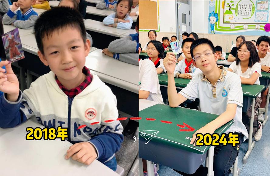 學(xué)生對比照，從懵懂小孩成長為陽光少年。代喜榮 攝