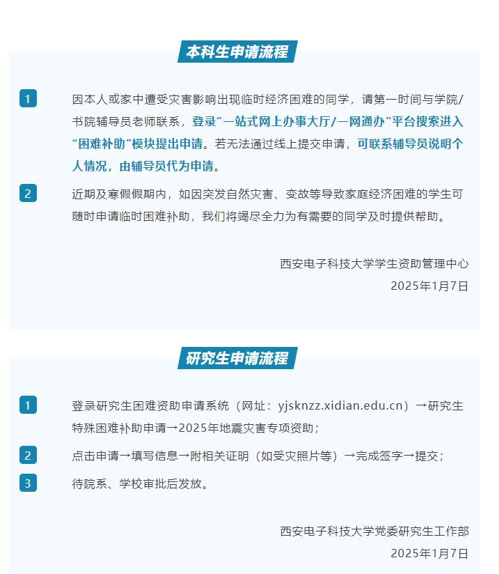 西安電子科技大學(xué)發(fā)布通知，詳細(xì)標(biāo)明困難補助申請流程。西安電子科技大學(xué)微信公眾號截圖