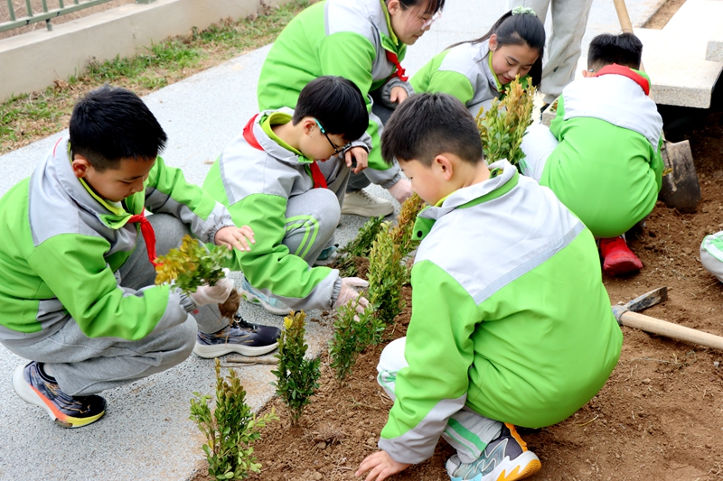3月11日,西安國際陸港第四小學(xué)的學(xué)生們踏入西安機(jī)車檢修段,與老師共同植樹。西安國際陸港第四小學(xué)供圖