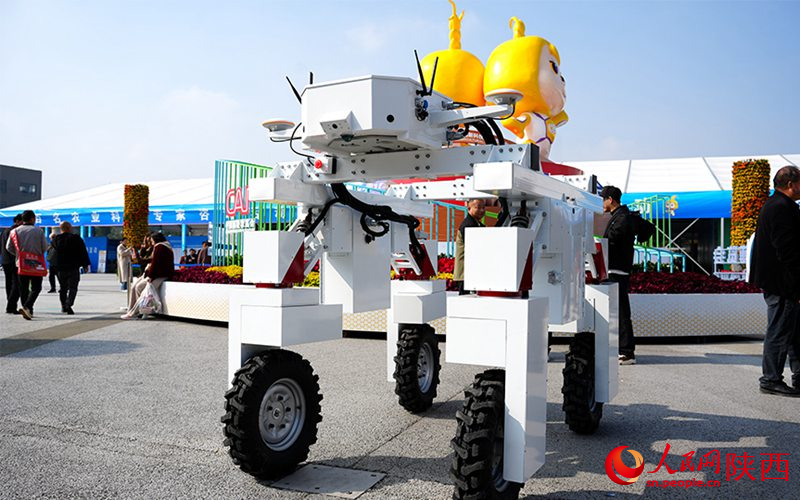 楊凌農(nóng)高會(huì)展區(qū)內(nèi)的大田作業(yè)模塊化機(jī)器人。人民網(wǎng)記者 孫挺攝