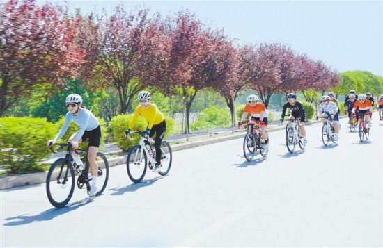 五月二十五日，自行車運動愛好者在寶雞市的濱河路上騎行。